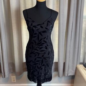 Zum Zum by Niki Livas LBD sz 7/8 Black Dress Velvet Fringe Spaghetti Straps NWOT